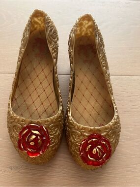 Disney Gold Floral Ballet Flats with Red Rose Embellishment